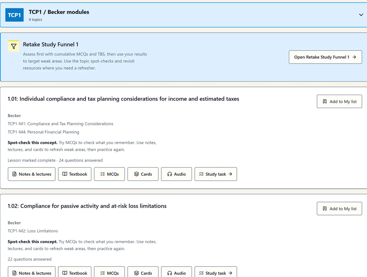 Kesler TCP topics organized alongside Becker modules.