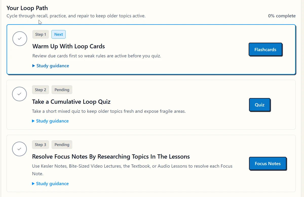 Study Loop steps for flashcards, a cumulative quiz, and Focus Notes.